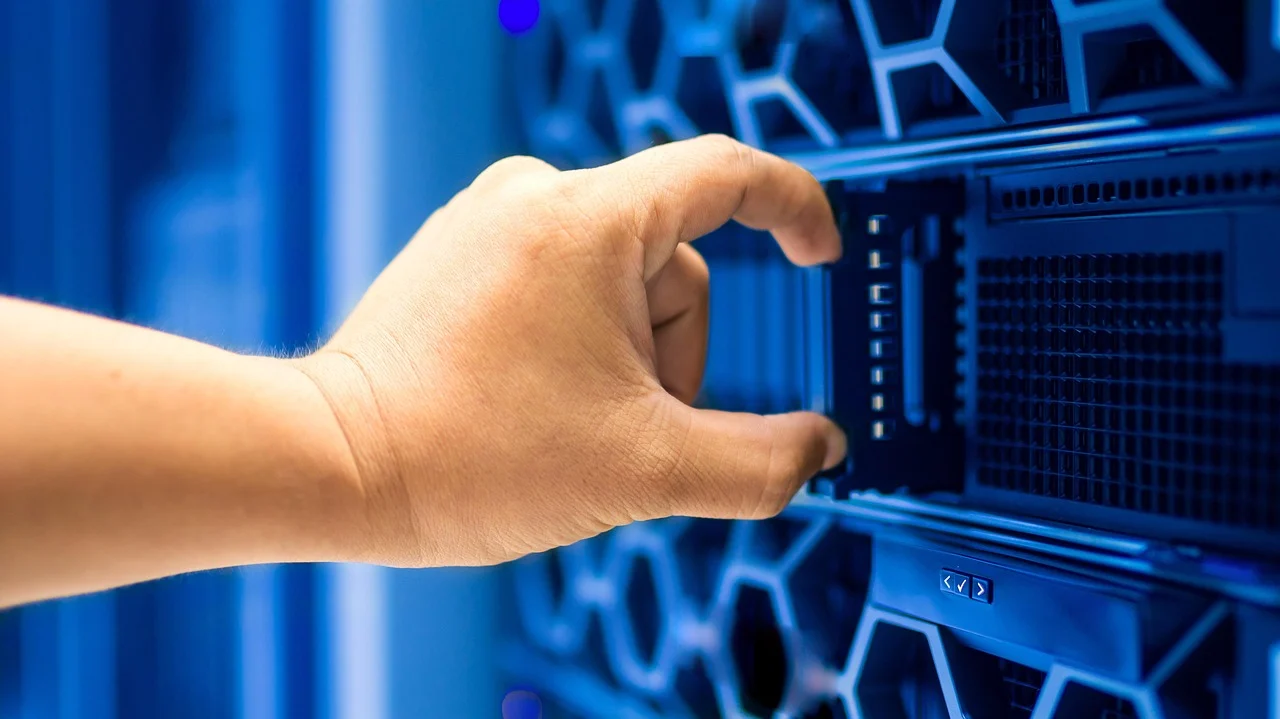 CDN server rack data center blue lights representing WordPress CDN configuration